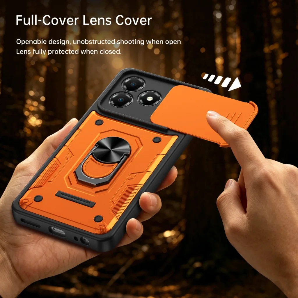 Shockproof Armor Phone Case with Slide Camera Protection and 360° Rotating Ring Holder Kickstand