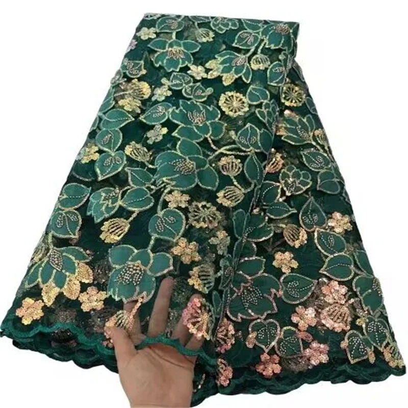 

Sequin African French Net Lace Fabric Beads Green/Gold High Quality Tulle Mesh Lace Bridal Nigerian Wedding Dress Lace For Woman