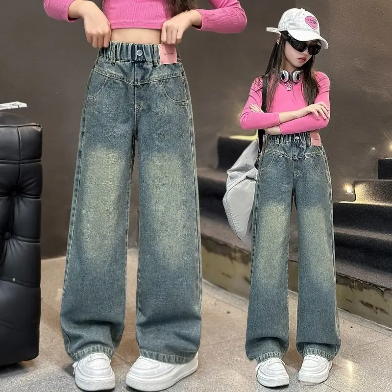 بنطلون جينز واسع الساق للفتيات لفصلي الربيع والخريف، خصر مرتفع، سروال طويل، ملابس أطفال، بنطلون دنيم للأطفال، نمط الزي المدرسي