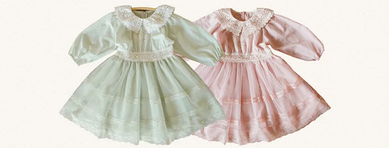 New Spring Baby Long Puff Sleeves Dress 2-11Y Child Girls Lace Turn-down Collar Princess Dresses Children Mesh Dress CL540 baby dresses