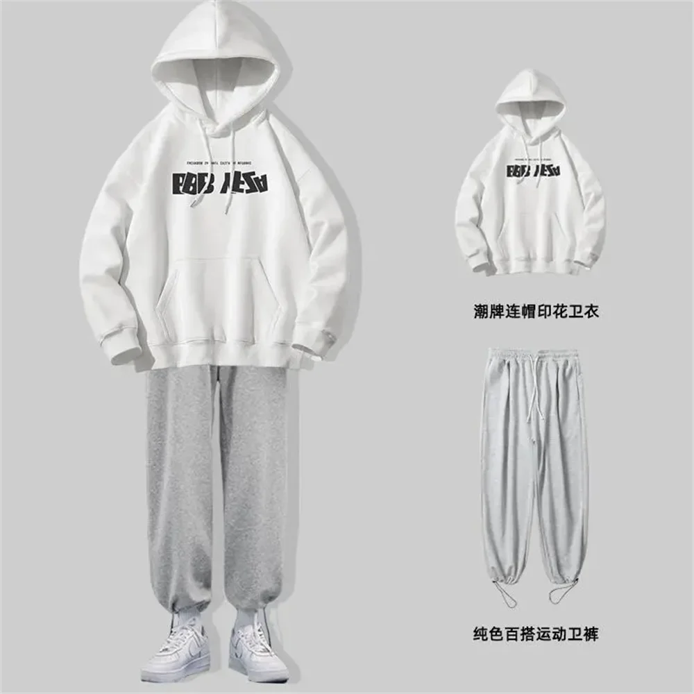 

Harajuku Cartoon Letter Print Autumn Hooded Hoodies Men Set Boy Student Trend Sweatpants Unisex 2 Piece Set Casual Suit Clothing