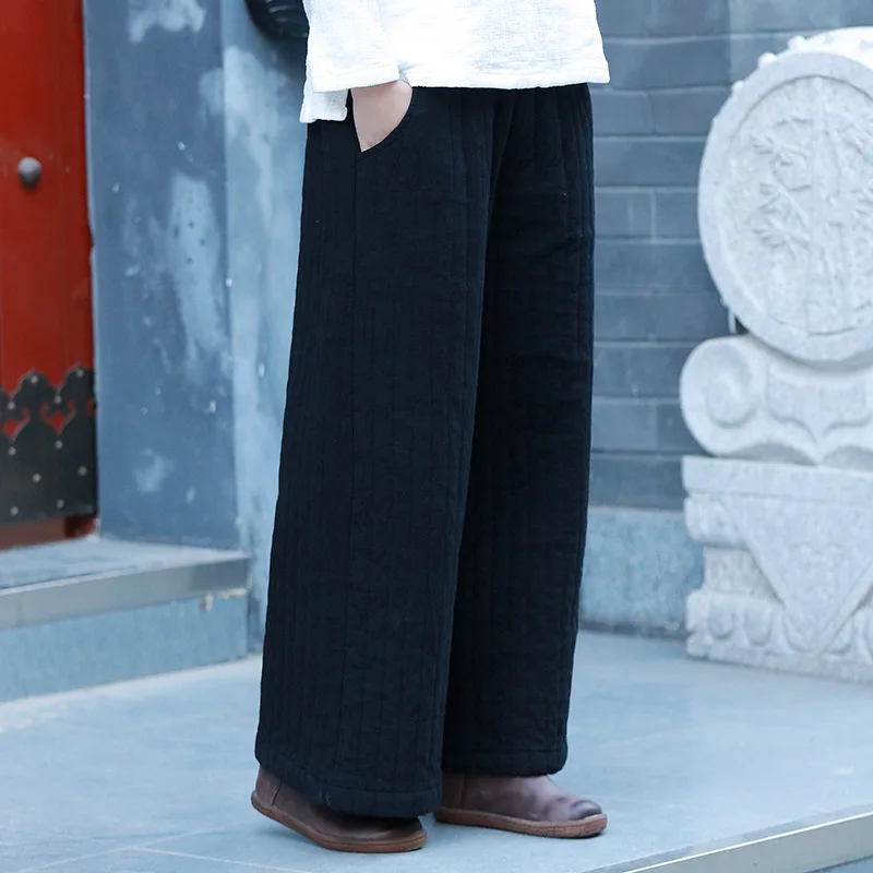 2022 New Cotton Linen Elastic Mid Waist Loose Vintage Full Length Pants Winter Solid Color Women Wide Leg Pants MH818 capri pants Pants & Capris