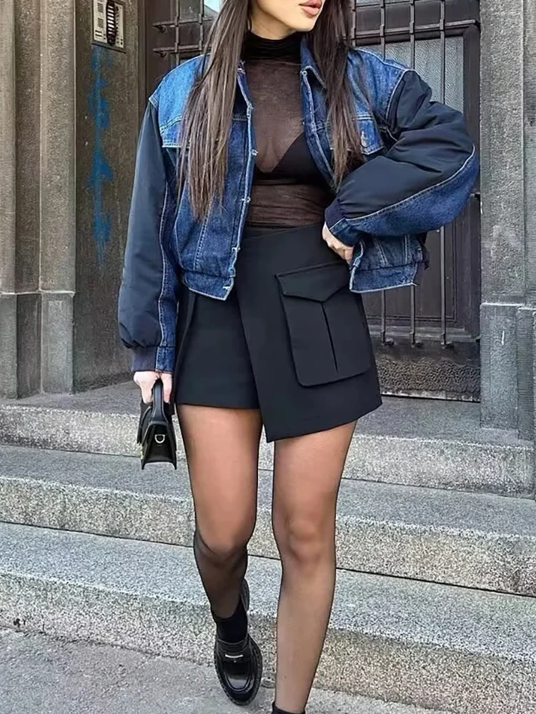 

Ladies Fashion Pocket High Waist Black Short Skirts Stylish Girls Asymmetric Safari Style Skirt Women Casual Drawstring Skirts