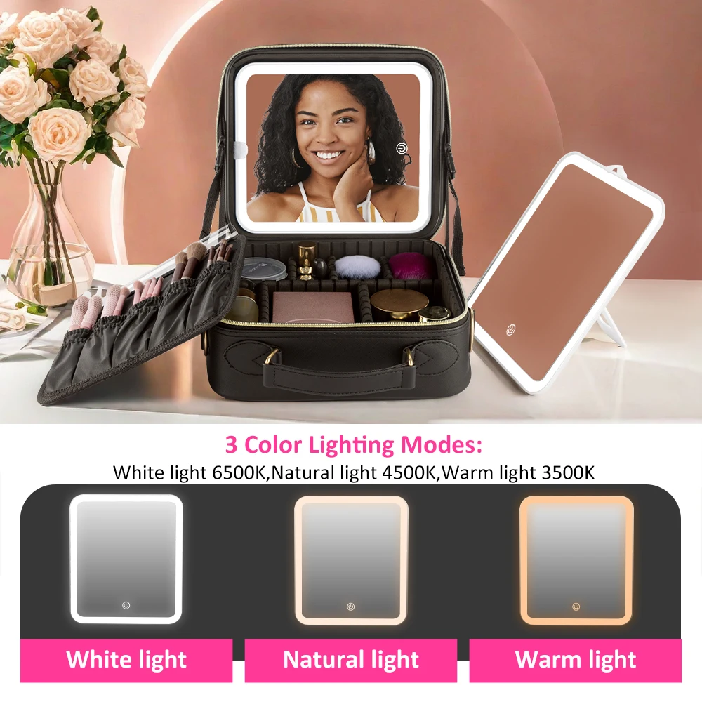 Makeup Bag with LED Lighted Mirror Travel Makeup Case for Women Large Make Up Bags Dividers and Brush Holder For Vacation,Gift