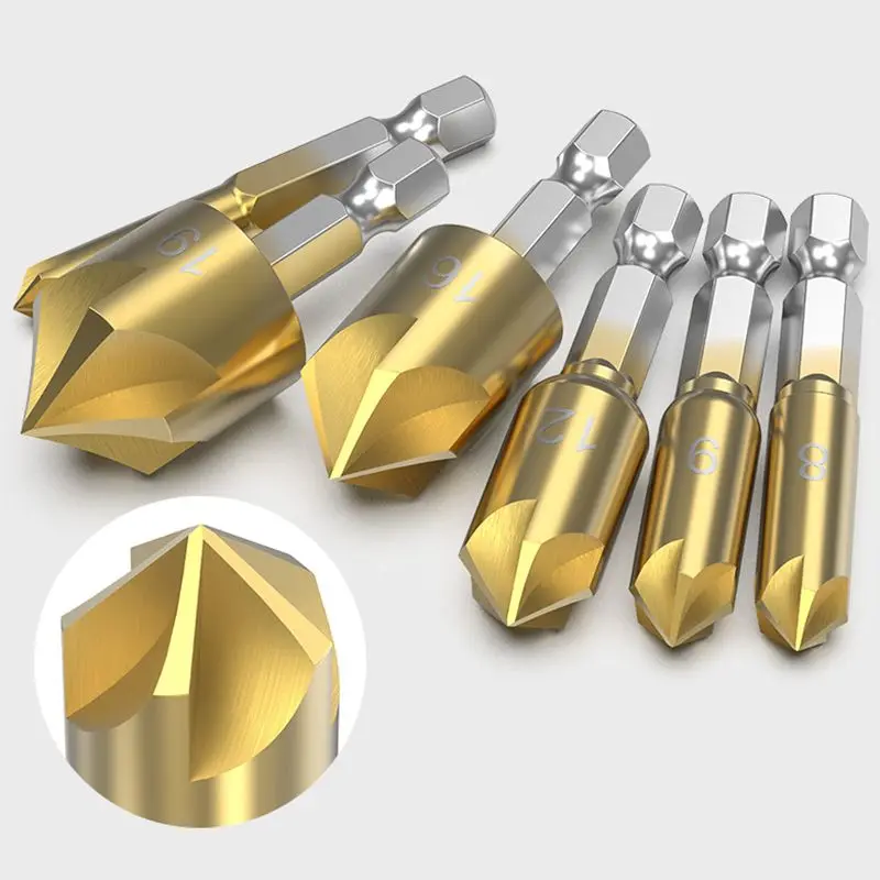 

Flute 6mm-19mm Shank Degree Set Cutter Counter 5 Wood Drill Chamfer Sink Chamfering Countersink 90 Hex Bit 1/4''