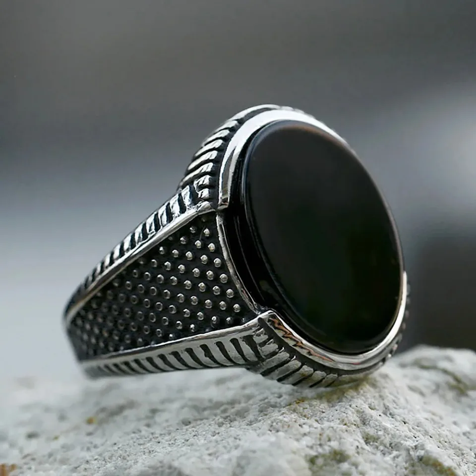 

New Retro Black Stone Rings Punk Hip Hop 316L Stainless Steel Turkish Style Ring for Men Women Fashion Jewelry Gifts Wholesale