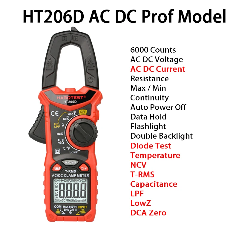 Habotest HT206D Digital Clamp Meter Frequency Temp Pinza Amperimetrica