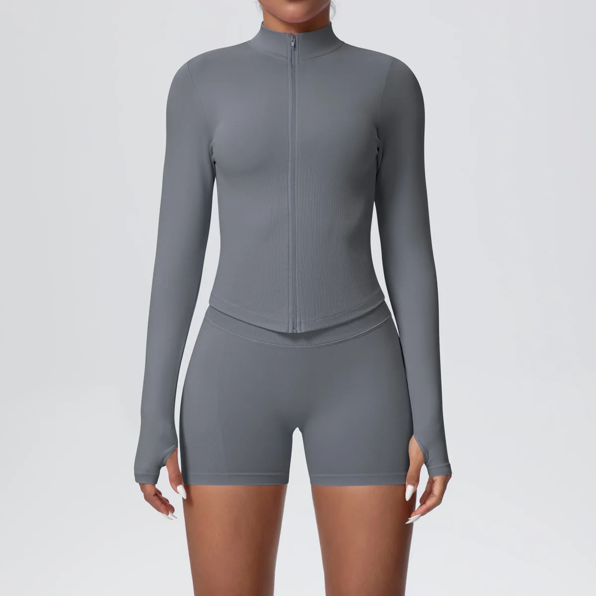Women Gym Set - Seamless Yoga Suit With Zip Shirt & Cycling Shorts Activewear