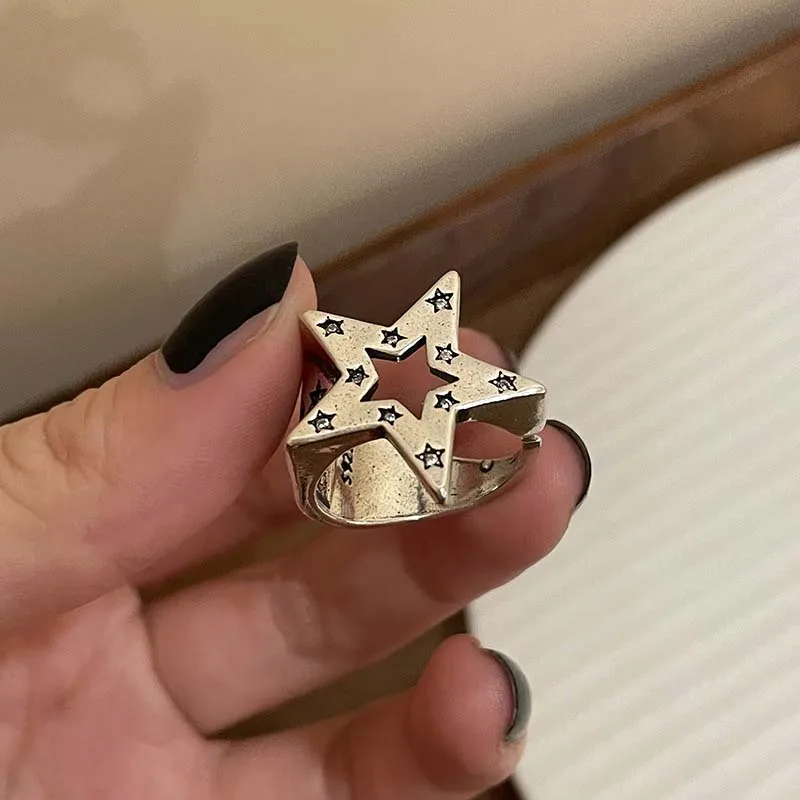 Vintage Punk Hollow Irregular Star Couple Rings for Women Men Fashion Shiny Crystal Pentagram Adjustable Ring Lover Jewelry 5