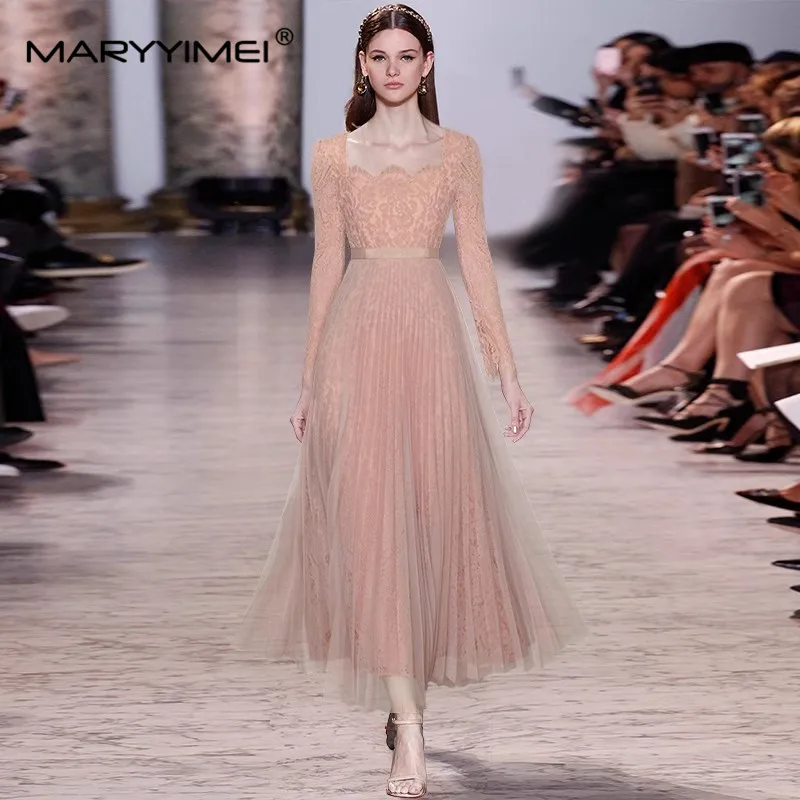 Maryyimei Designer Herbst Damenmode Kleid quadratischen Kragen Spitze lang ärmel ige Patchwork Mesh Plissee Kleider