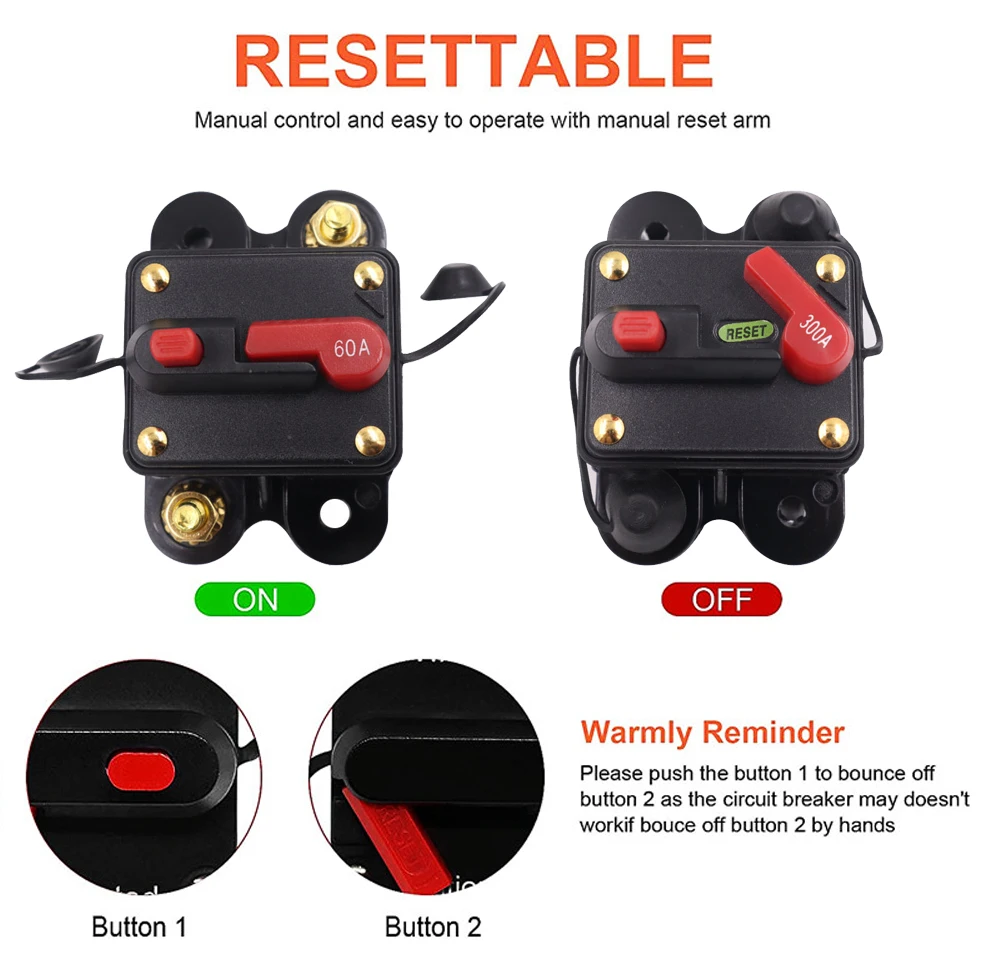 Description Picture 6 of item30A to 300A Circuit Breaker with Manual Reset for Car Audio System Waterproof Marine Circuit Breaker Reset Fuse 12V- 24V DC 30A