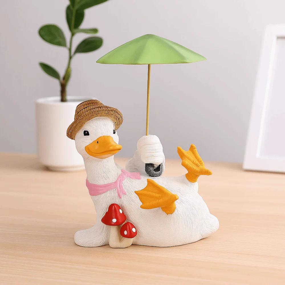 Handicraft Duck Umbrella Ornament Model Simulated Umbrella Duck Statue Funny Doll Collectible Cartoon Resin Animal Sculpture