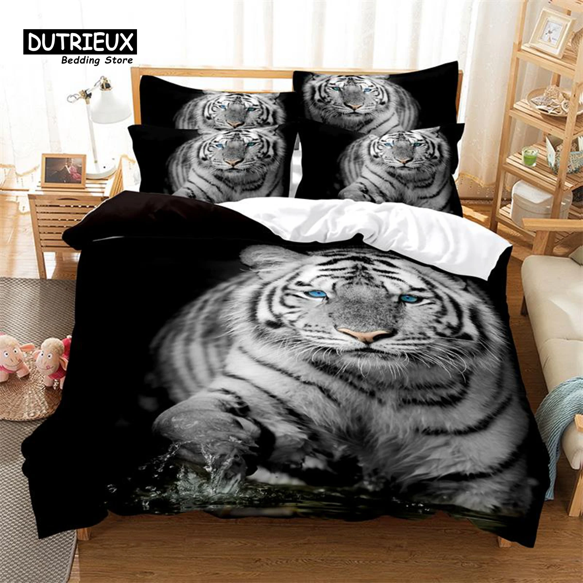 

White Tiger Bedding Set, 3Pcs Duvet Cover Set, Soft Comfortable Breathable Duvet Cover, For Bedroom Guest Room Decor