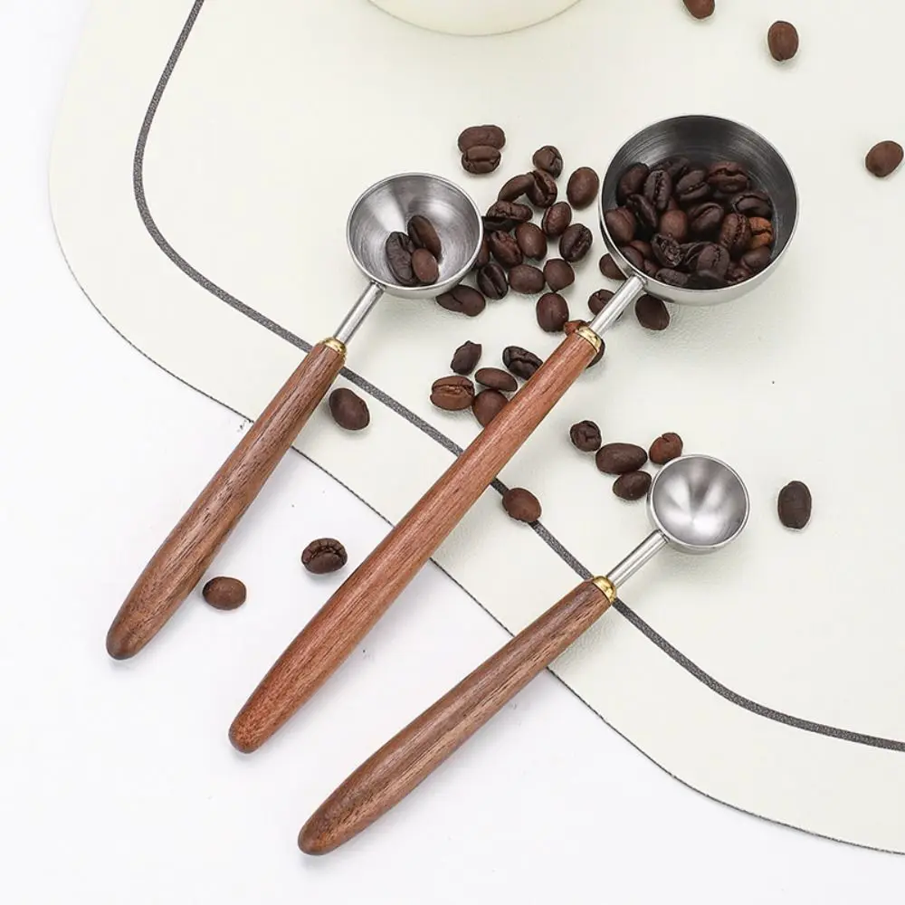 Kitchen Measuring Spoons Measuring Spoon Set 304 Stainless Steel Coffee Bean Measuring Spoons Walnut Handle Long 3/8/23ML Scoop