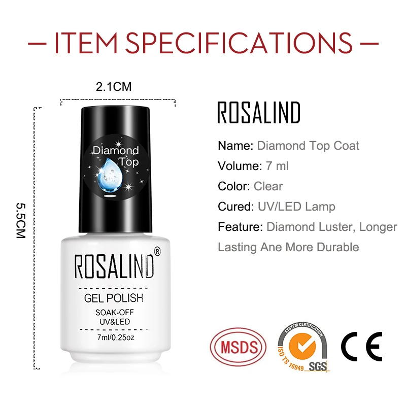 ROSALIND Gel Polish Diamond Top Coat UV Lamp Gel Soak Off Reinforce 7ml Long Lasting Nail Art Manicure Gel Lak Varnish Primer 6