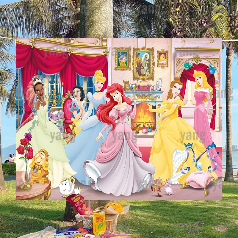 Cute Disney Princes Biancaneve Cenerentola Belle Aurora Ariel Tiana Castle Happy Birthday Party Sfondo Sfondi Decorazione