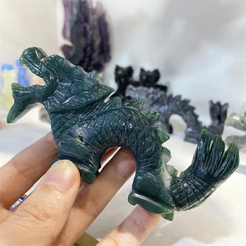 

Natural Moss Agate Chinese Dragon Crystal Carving Healing Fashion New Year Home Decoration Healthy Birthday Gift 1pcs