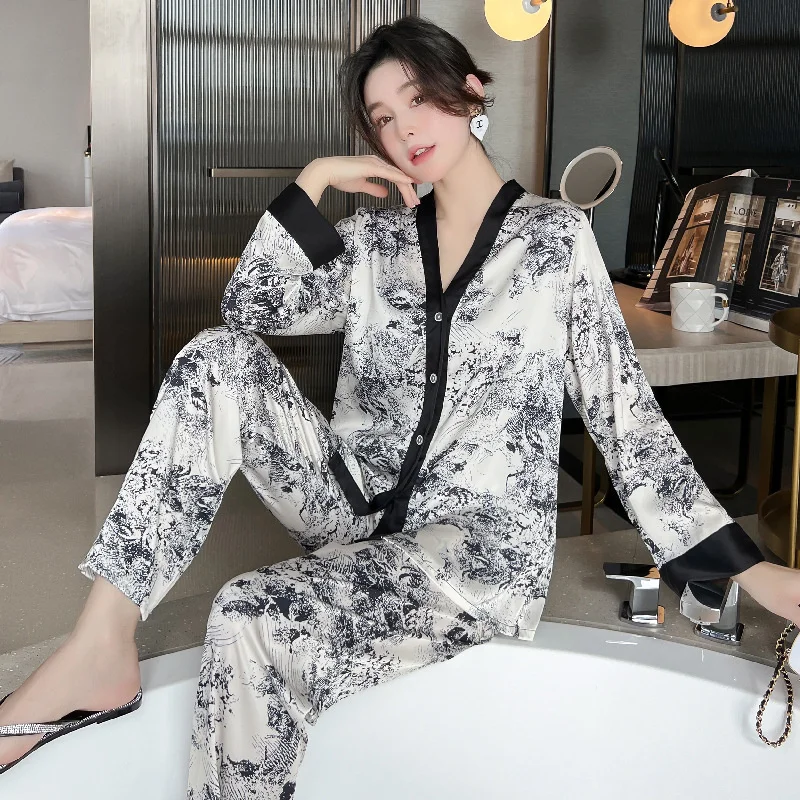Spring Autumn Women's Thin Simulated Silk Pajamas V-neck Long Sleeve Cardigan Pants Oversized Luxury Home Clothing Set