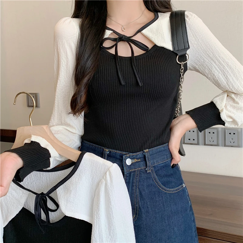 

Autumn Real Photos Women Knitted Full Sleeve O-Neck Lace Up Sweaters Contrasted Colors Top Loose Slim High Stretch Knit T Shirt