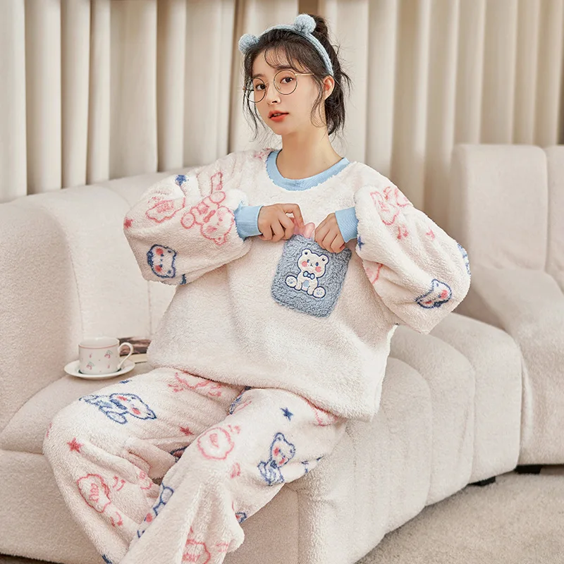 

Kawaii Pajamas Set For Women Sleepwear Winter Warm Nightgown Cartoon Flannel Pyjama For Young Girls Home Clothes Cozy Pijama