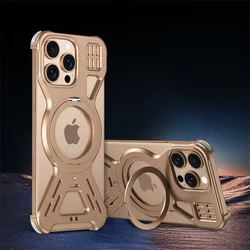 Luxury Aluminum Alloy Magnetic Phone Case with 360° Rotation Holder and Metal Stand - iPhone 15 (Desert Gold)
