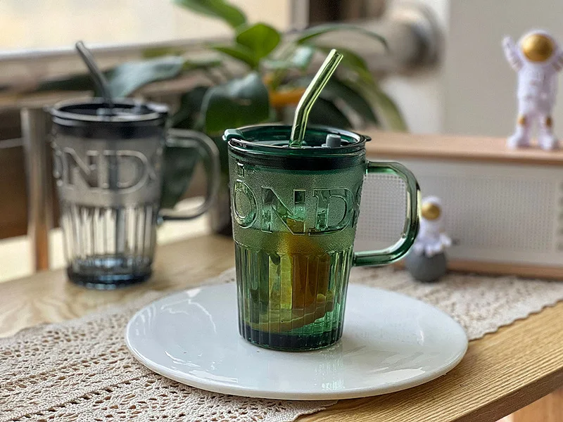 Straw With Glass Cup Coffee Cup With Handle Straw Cup Large Capacity Glass Cup With Cover 400Ml Glass Dinkware