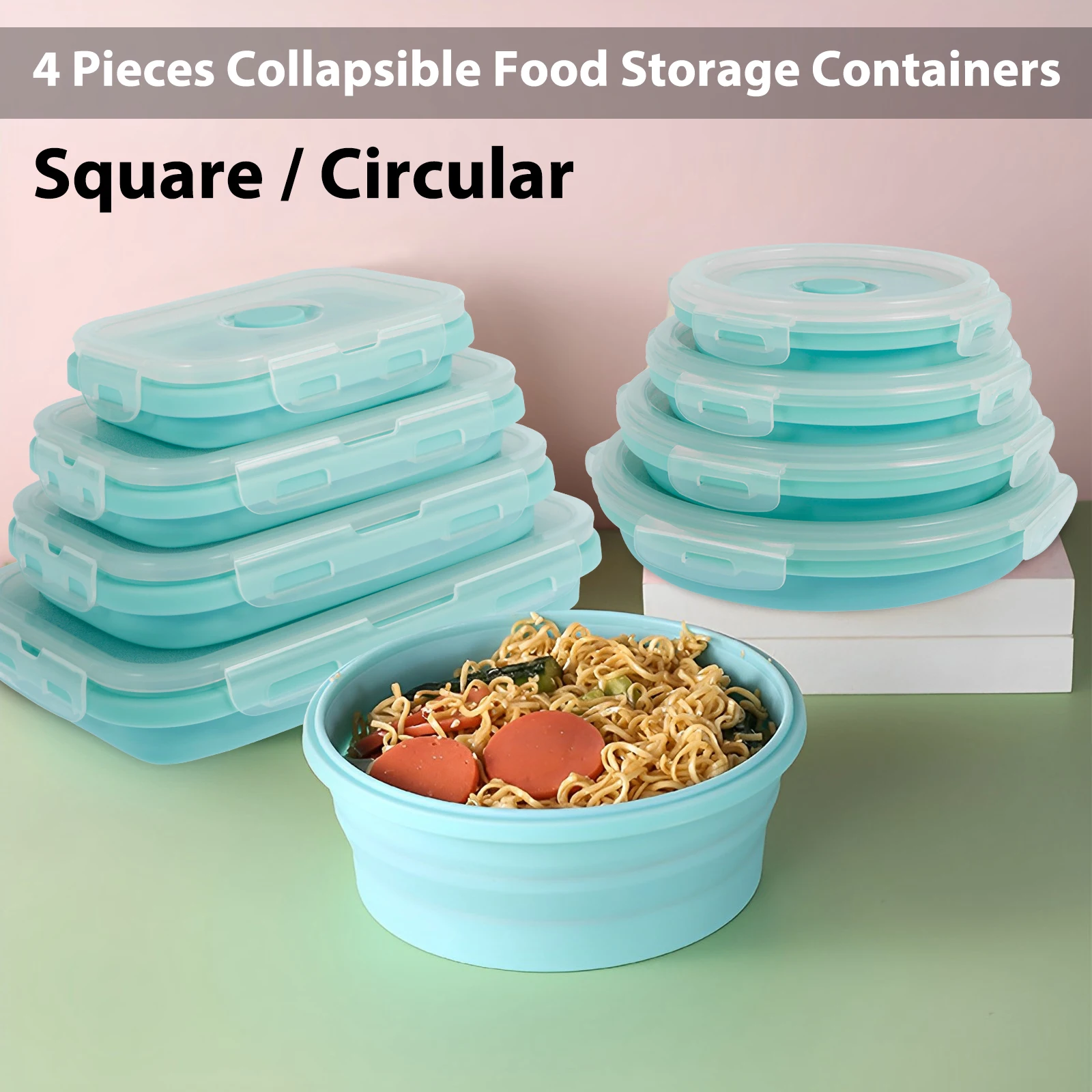 

4Pcs Collapsible Food Storage Containers with Lids Round/ Rectangle Shapes Silicone Collapsible Bowls Stackable Collapsible