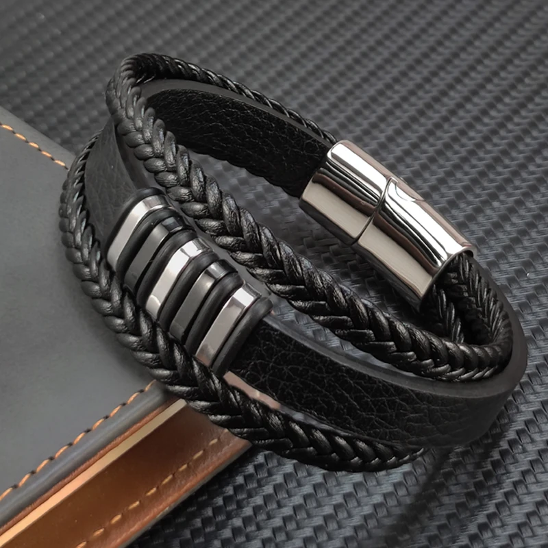 Charm Design Men&rsquo;s Leather Bracelet Stainless Steel Magnet Bangle bracelet jewelry
