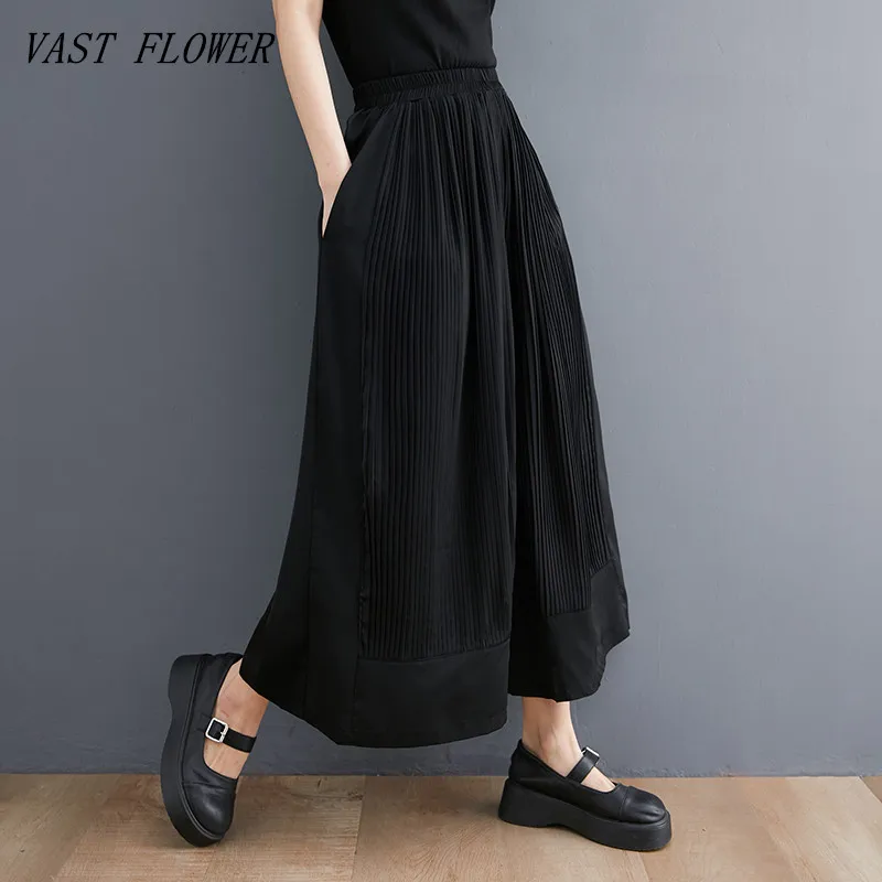 

black Elastic high Waist Pocket vintage Casual loose spring summer autumn wide leg Pants Women Trousers 2023 clothing Streetwear
