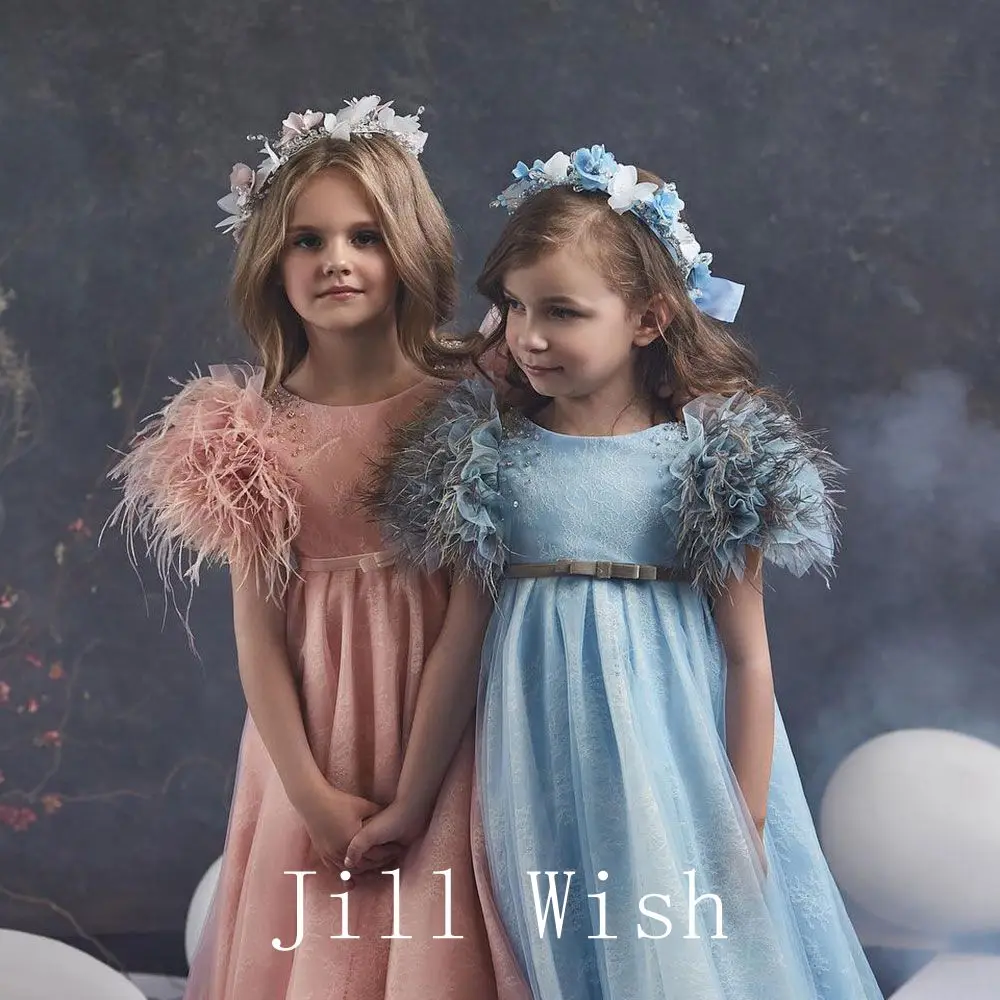 Jill Wish Luxury Elegant Dusty Pink Flower Girl Dress Fearthers Princess Gown Kids Wedding Birthday Party Communion Pageant J114