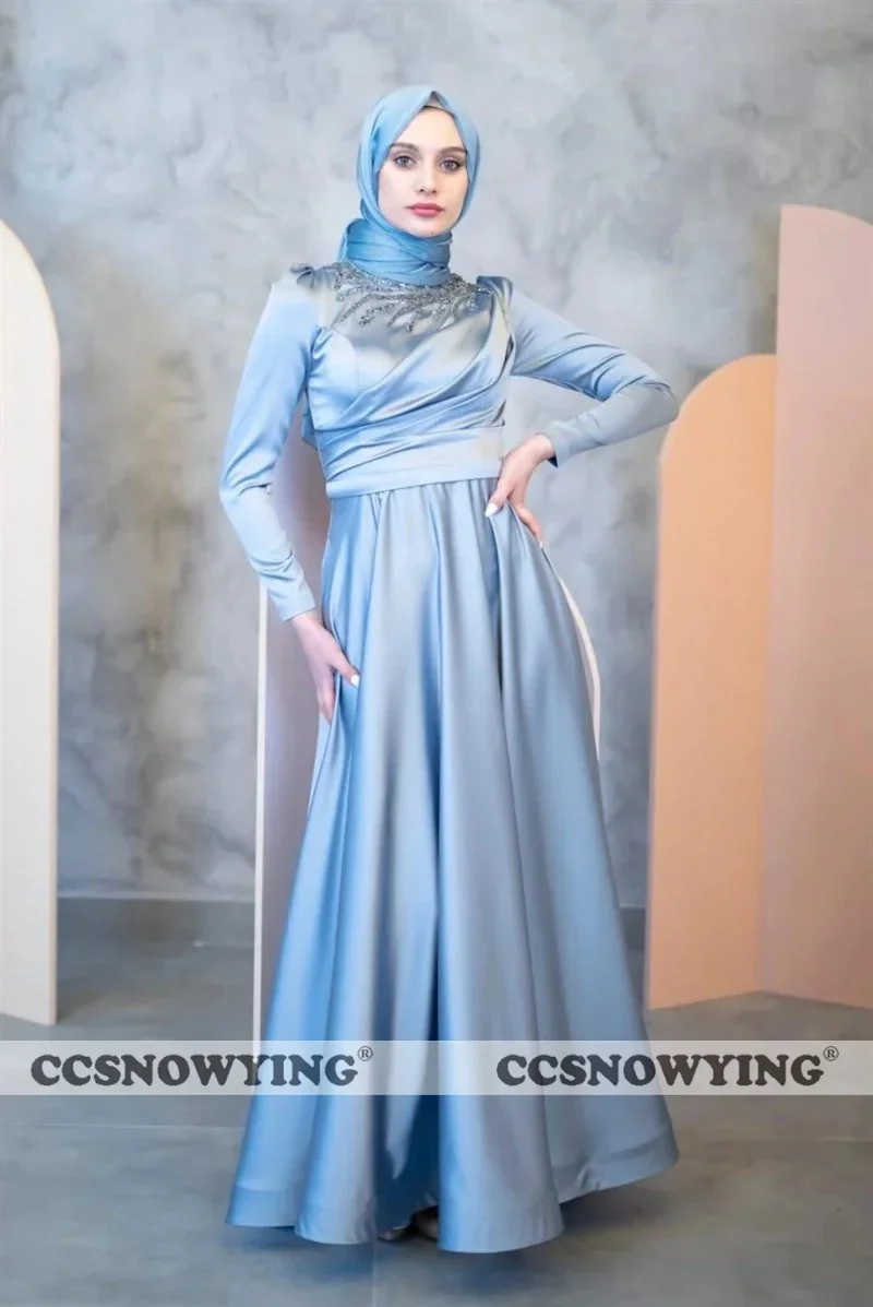 

Satin Appliques Beaded Muslim Evening Dresses Long Sleeve Hijab Islamic Formal Party Gown Women Arabic Kaftan Robes De Soirée