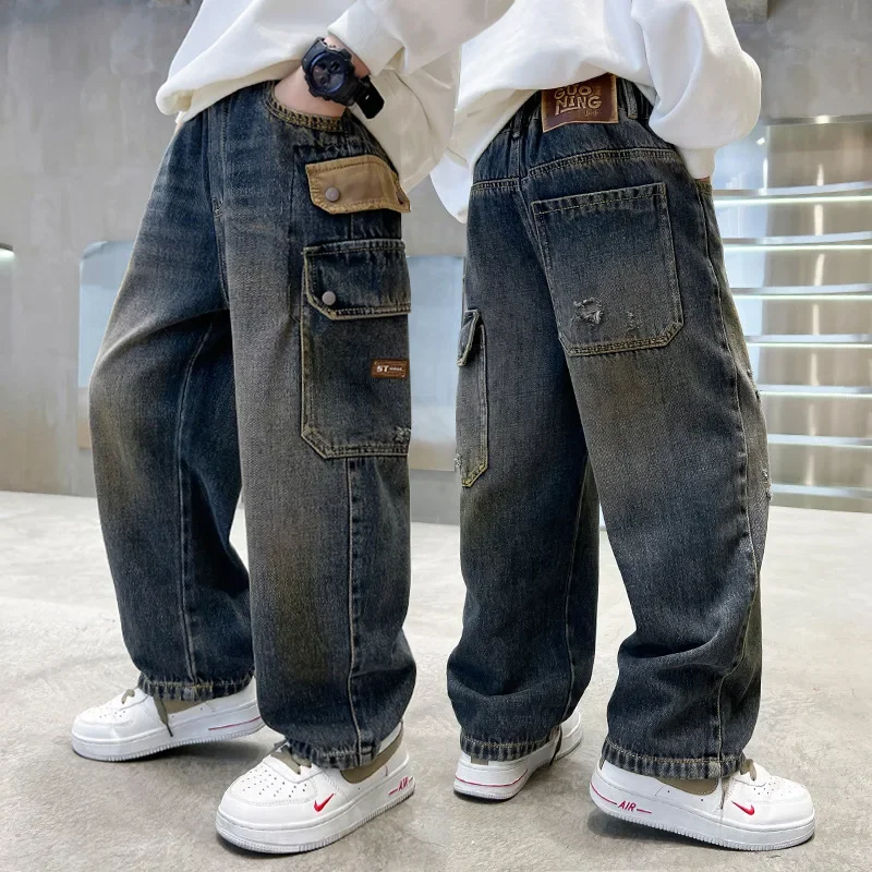 Korean Boys' Jeans Version Of Boys Wide Leg Pants Boys' Jeans Children's Side Pockets Kid Denim Cargo Pants