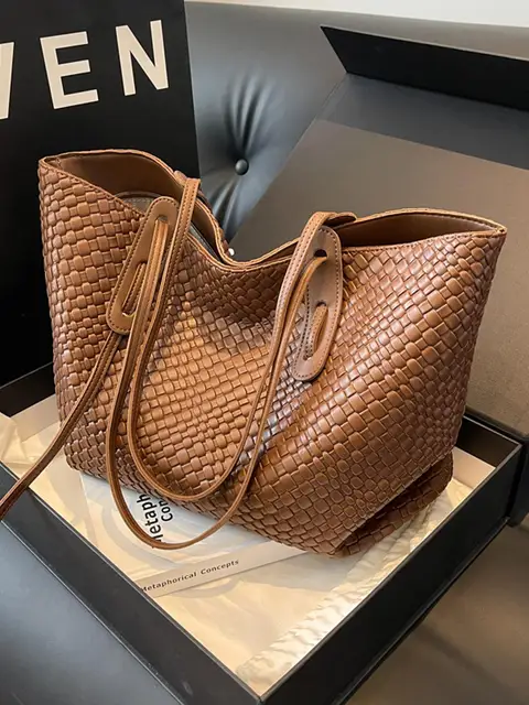Retro Fashion Classic Solid Color Pu Woven Rhombic Lattice Design Double Handle Single Shoulder Large Capacity Tote Bag 2