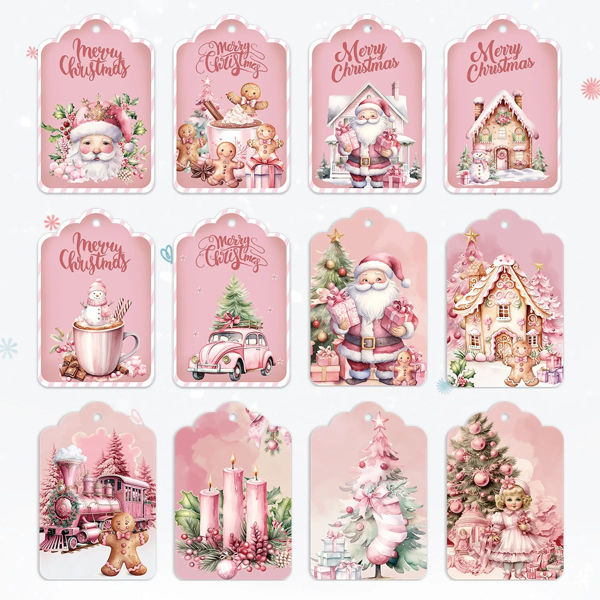 Description Picture 2 of item48Pcs Christmas Paper Tags Pink Series Santa Claus Snowman Hanging Labels for Xmas Party Tree Decor DIY Gift Packaging Supply