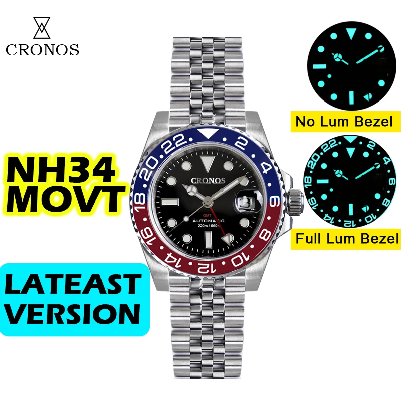 Cronos GMT NH34 Automatic Men Watch Bidirecional Bezel Sapphire 20 ATM Solid 5 links Pulseira de Metal BGW-9 Lum lateast Version