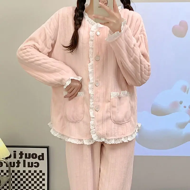 2023 Autumn Winter New Women Pajamas Coral Fleece Thickened Warm Two-Piece Suit Loose Casual Home Wear pure color Nightclothes