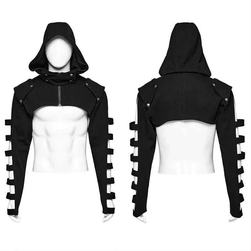 PUNK RAVE Men's Punk Sleeves Are Hollow Loop Straps Short Coat Handsome Cool Stand Up Collar Casual Mens Jacket Autumn 5