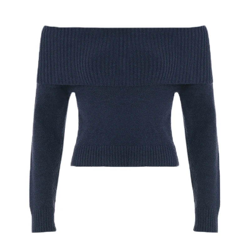 Solid Color Off Shoulder Women Sweater Minimalism Long Sleeve Knitted Jumper Casual Fashion Winter Pullovers Street