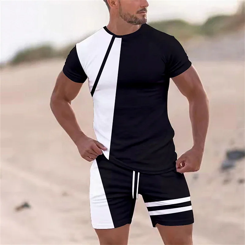 

New Striped Color Block 3D Print T-Shirts Shorts Sets Men's Fashion Tracksuits Short Sleeve T Shirt Pants Set Man Suits Clothing