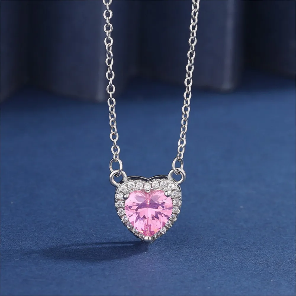Light Luxury Cherry Pink Color Heart Pendant Jewelry Set for Women Elegant Necklace Bracelet Earrings Ring Wedding Jewelry Gift