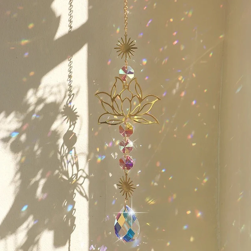 Sun catcher crystal lotus hanging colored glass outdoor decoration rainbow maker prism