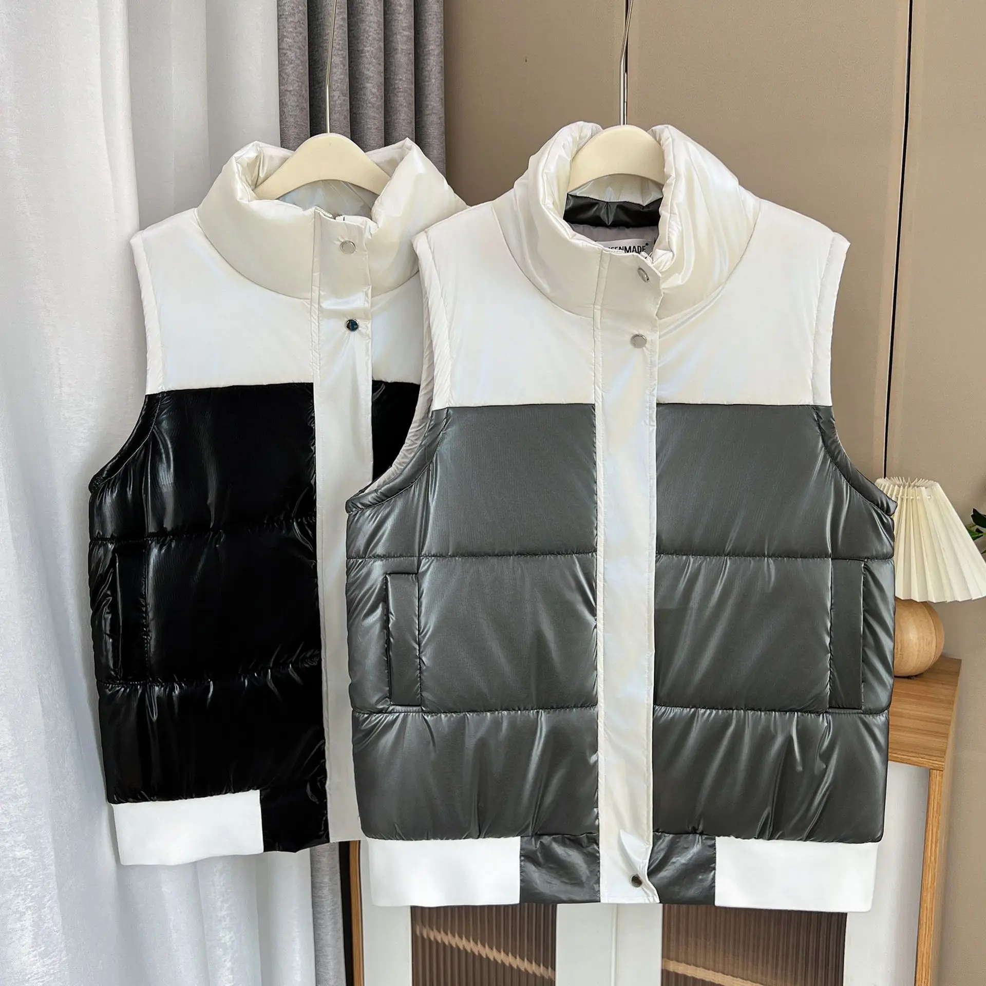 Womens Plus Size Parkas Winter Casual Clothing Fashion Shiny Block Color Thick Warm Padded Jacket Stand Collar Sleeveless Vest