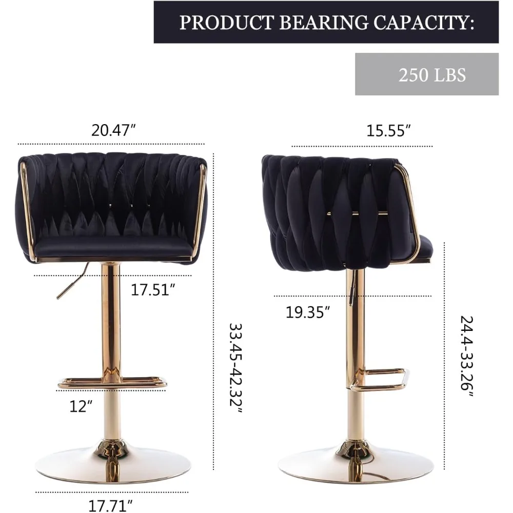 Velvet Swivel Bar Stools Set of 4, Adjustable Counter Height Bar Chairs with Woven Back & Footrest, Luxury Gold Bar Stools 2