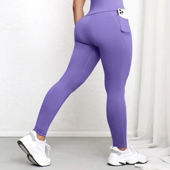 Women's High Waist Leggings With Pockets Stretch Yoga Pants Tights Push Up Fitness Running Sportswear Solid Color Pants 1