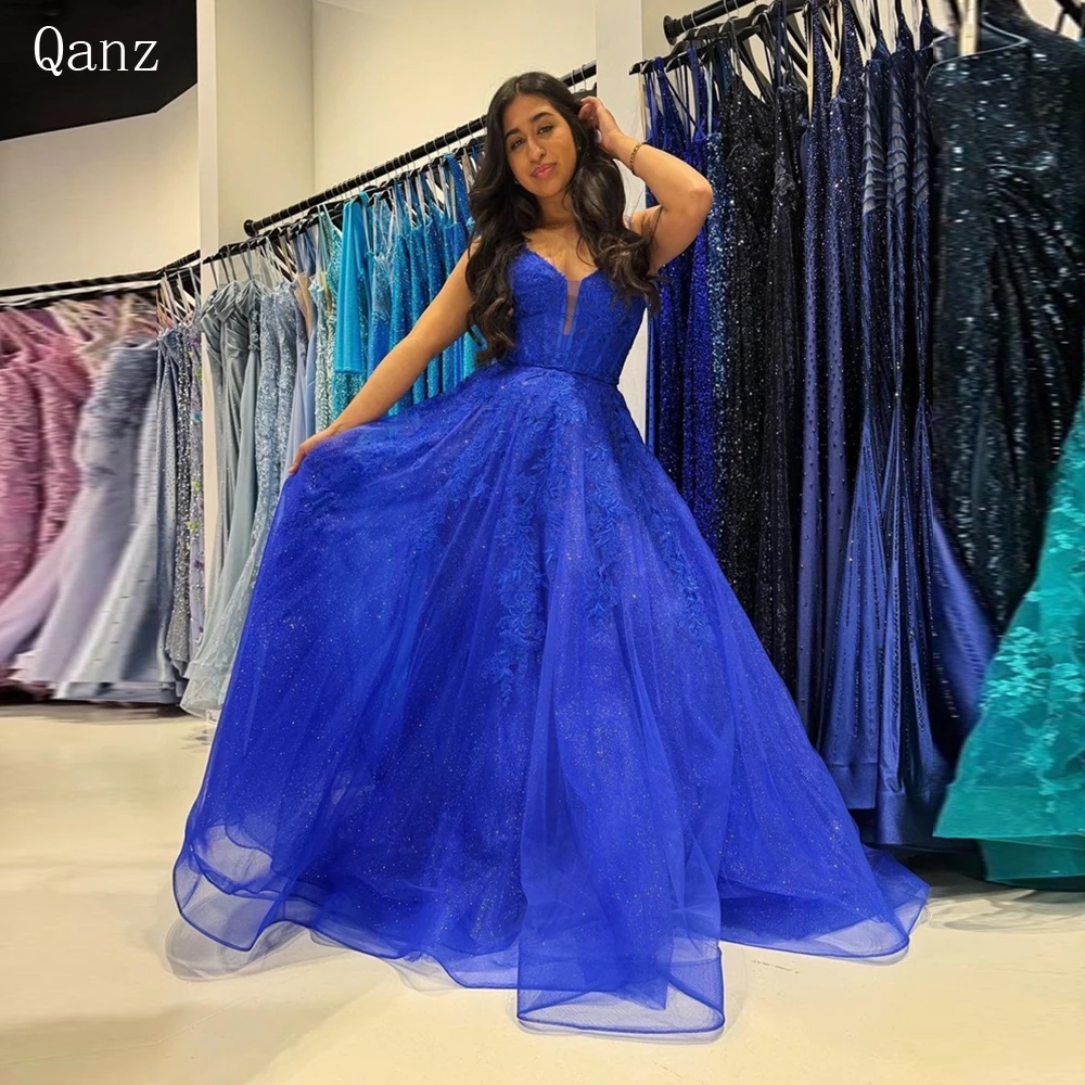 

Qanz Tulle Prom Dresses V-neck Royal Blue A-line Dress Lace Appliques Party Evening Elegant Luxury Celebrity Vestidos Para Mujer