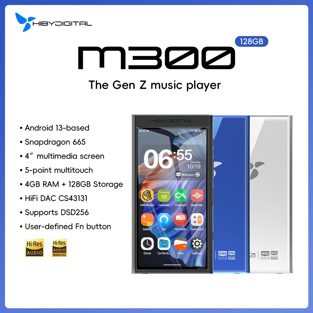 HiBy Digital M300 Android 13 Music Player MP3 HiFi Audio Bluetooth WiFi DSD256 FM Radio Dual Mic Built-in Speaker IPS 29hr 128GB 1