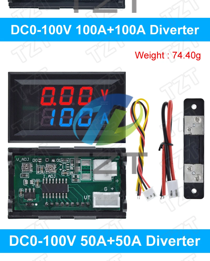 1/2/5 stücke DC 6-120 V 50A 100A Digitale Strom Spannung Tester Modul TZT Blau + ROT Dual LED Display Panel Mit Shunt – Detail 8