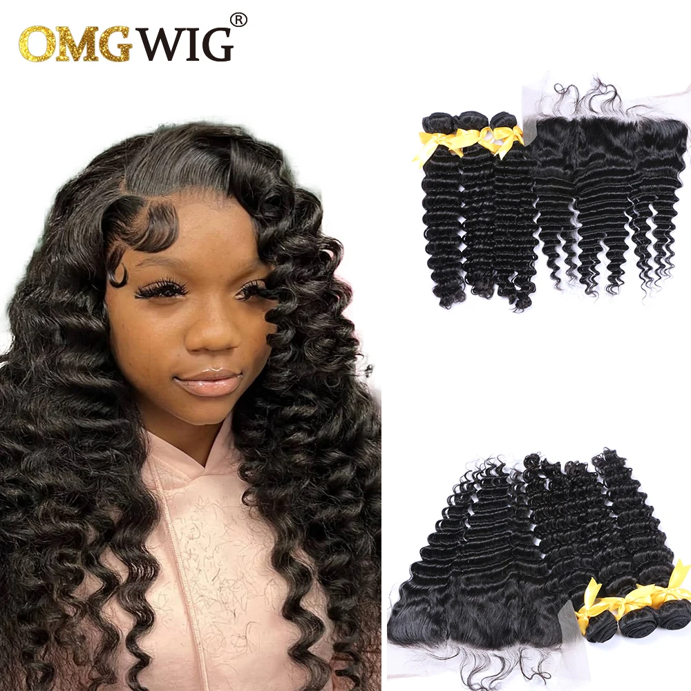 Deep Wave Natural Color Hair Bundles With 13x4 Base Closures Brazilian Human Hair Free Part Bleached Knots Transparent Lace