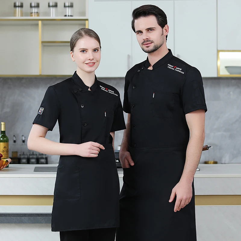 Men black Chef Jacket Chef Shirt Apron Logo Head Uniform Restaurant Hotel Kitchen Short Cooking Clothes Women Catering