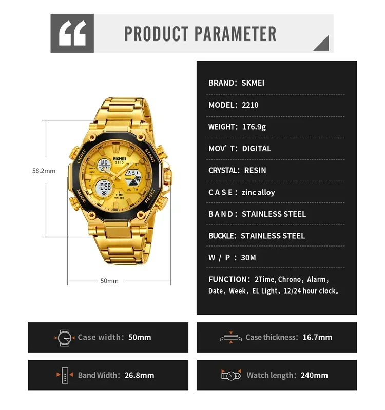 SKMEI 2210 Luxury LED Dual Display Stainless Steel Watch for Men Waterproof Sports Digital Quartz Mens Wristwatches Reloj Hombre 6